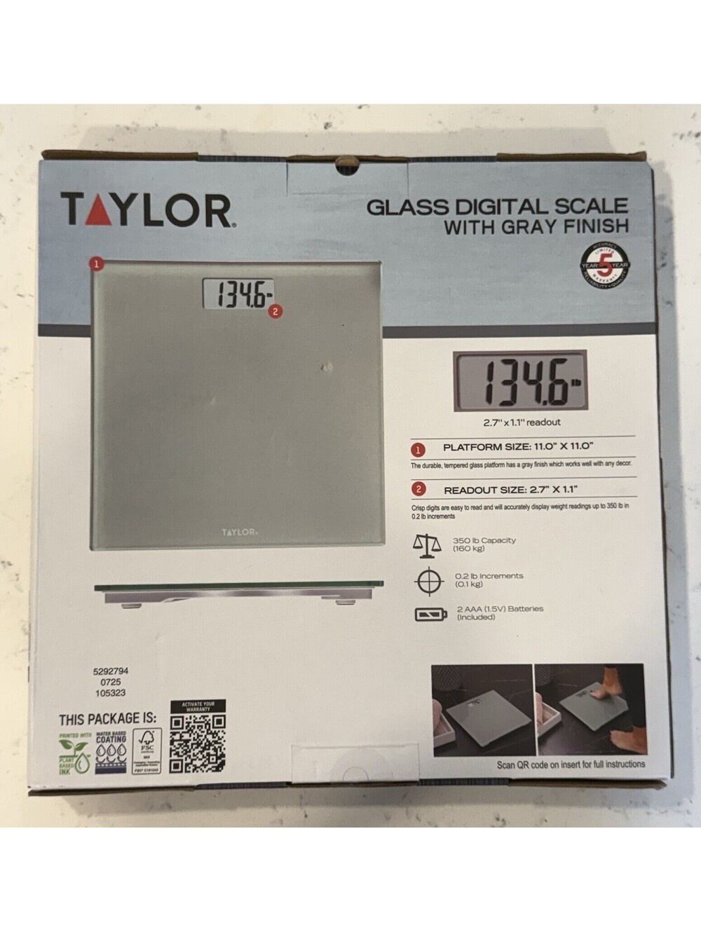 Taylor 5292794 Digital Bathroom Scale Glass Platform, Gray New